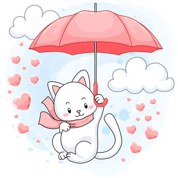 cute white kitten floating on a pink umbrella