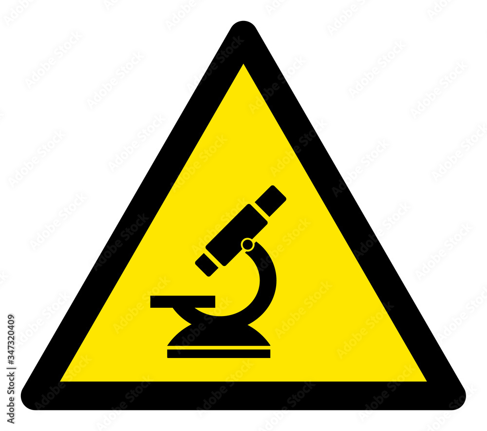 Poster vector microscope flat warning sign. triangle icon uses black and yellow colors. symbol style is a f