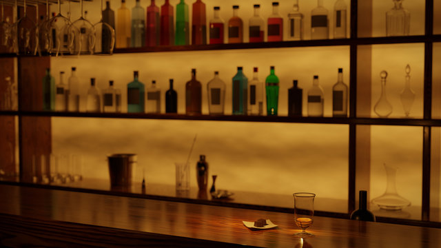 A glass of whiskey and a chocolate plate placed on a wooden bar counter. 3D rendering.