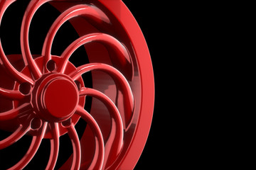 Abstract red sports car wheel isolated on a black background 3d illustration with Copyspace for your text