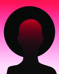 Human silhouette with black halo disk behind head. Creepy weird conceptual illustration about cults, sects and other religious spiritual movements.