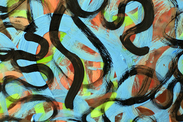 Color spots on a multi-layer background. Etude in the style of abstract expressionism. Twisting blue, black, and green lines. Abstract background with intricate interweaving.