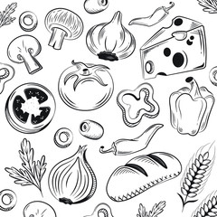 Food silhouettes collection. Hand drawn vector illustration. Cheese, bell pepper, chili, olive, tomato, mushrooms, bread, garlic, onion, parsley, wheat.