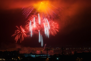 Beautiful fireworks display. Salute in honor of the Victory Day over the city.