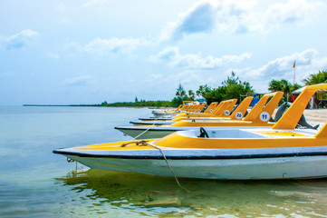 Fototapeta premium Line-up of high speed boats in water.