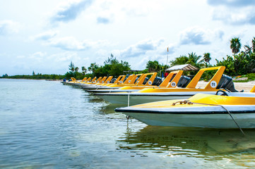 Fototapeta premium Line-up of high speed boats in water.