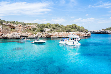 Sky, sea and boats landscape. Cala Sa Nau, Majorca