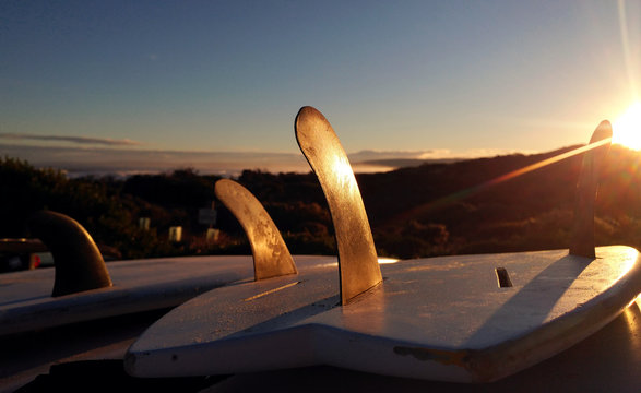 Surfboard Fins In The Sunset Light In Goolwa Beach, Near Victor Harbour, South Australia