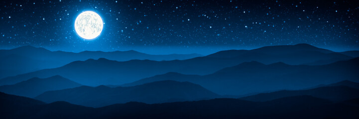 Fototapeta na wymiar Glowing Moon And Starry Sky Over Foggy Mountain Range