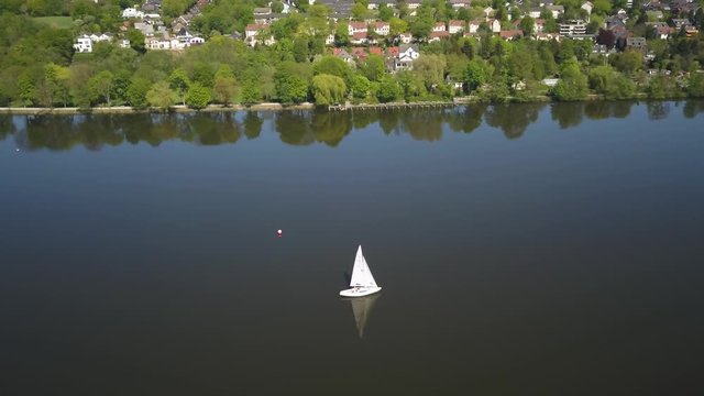 Aerial view of a sail boat at the Baldeneysee in Essen, North Rhine-Westphalia, Germany
