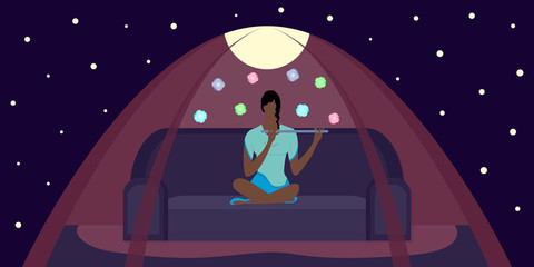 Enchantress woman sits in pose lotus on sofa in magic tent under night starry sky. Flute playing. Beautiful african american in bright dress. Magic  flying flowers. Vector flat illustration.