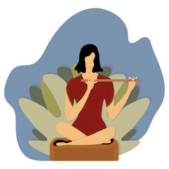 Girl playing flute. Beautiful brunette in graceful red dress sits in lotus position on stump in forest. Playing wind instrument. Vector flat illustration with shadow. Great design for music.