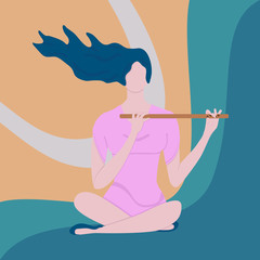 Girl playing flute. Design for music, invitation, card. Beautiful woman with blue hair fluttering in wind in pink dress sits in lotus pose. Vector flat illustration. Hobby playing a wind instrument. 