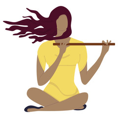 Girl playing flute. Beautiful redhead woman with hair fluttering in wind in yellow dress sits in lotus pose. Vector flat illustration isolated on white. Favorite hobby is playing a musical instrument.