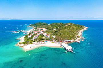 Wuzhizhou Island Aerial View, a Tropical Island Paradise with Resort and Recreational Beach for Sightseeing and Water Activities off the Shore of Haitang Bay, Sanya City, Hainan Province, China.