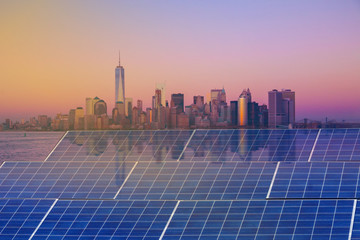 Solar panel over cityscapes, solar power green energy for life concept,usa