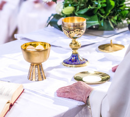 hands of Pope Francis with host and chalice with wine in the churches of the world
