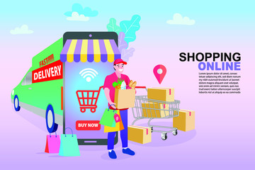 Obraz na płótnie Canvas Fast Delivery service design concept for mobile app. Online Delivery Service flat design banner illustration concept for digital marketing. 