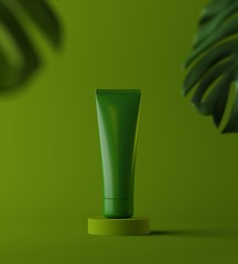 Design of natural cosmetic cream , serum, skincare blank bottle packaging with leaves herb, bio organic product. beauty. 3d illustartion. Product presentation