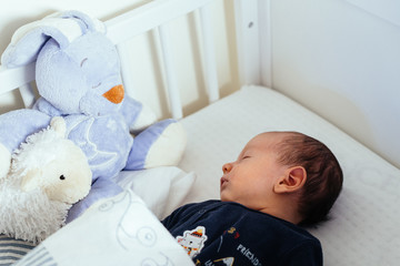 Newborn sleeping in his bed. A cute little boy. 