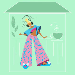 A bright, positive women listens to music with headphones and dances. She is at home on the balcony in her pajamas and Slippers. Vector illustration on the topic of self- isolation.