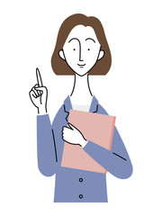 ファイルを持ち、指をさすポーズのビジネスウーマン