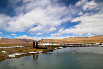 Landforms on the Qinghai-Tibet Plateau, under blue sky and white clouds, wetlands, grasslands, deserts and ice lakes interlace