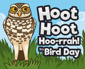 Mischievous Burrowing Owl in a Prairie Celebrating Bird Day, Vector Illustration
