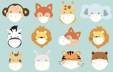 Cute animal object collection with lion,fox,zebra,tiger, monkey, giraffe wear mask.Vector illustration for prevention the spread of bacteria,coronviruses