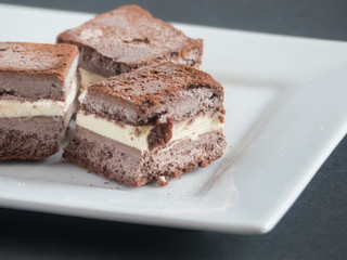 Homemade chocolate ice cream sandwiches cut into bite sized pieces