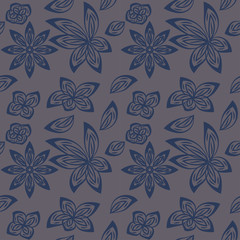 seamless pattern with leaves and flowers linocut style
