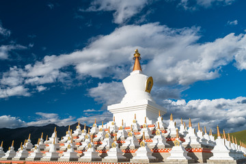 Namgyal tallinn, traditional Tibetan buddhist style white pagoda with flower in Daocheng, Ganzi, Sichuan, China