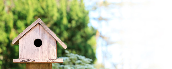 Wooden bird house in garden park with green tree background and copy space.