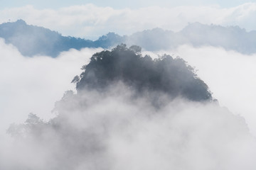 Morning mountain landscape view with sea of fog at Baan Ja Bo, Mae Hong Son, Northern Thailand. 