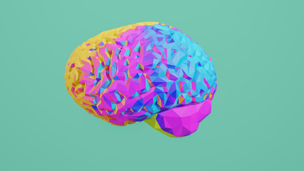 Colorful low poly side view brain 3D render isolated on background