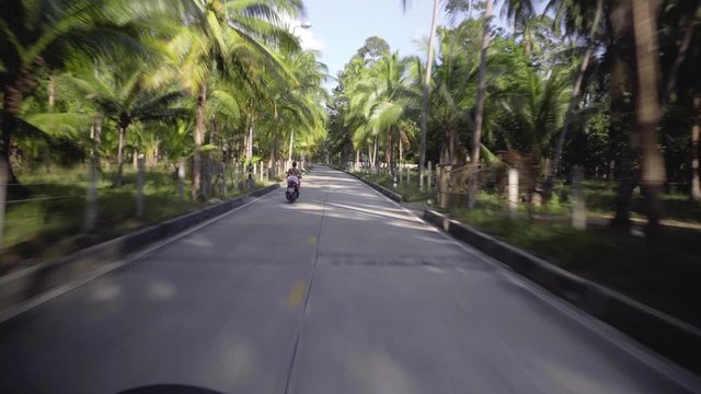onboard camera, on the road in the jungle on an island on a motorcycle