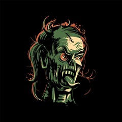 Zombie women portrait on black background for halloween. T-shirt design. Horror print