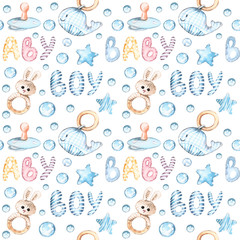 Hand drawn watercolor pattern with baby toys, stars, bubbles, nipple, letters. Seamless pattern for wallpaper, wrapping paper, textile.