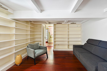 living room with bookshelves