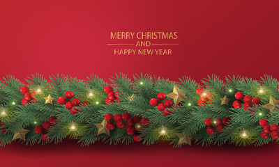 Merry Christmas and Happy New Year. Christmas tree branches with decorated in red background. 