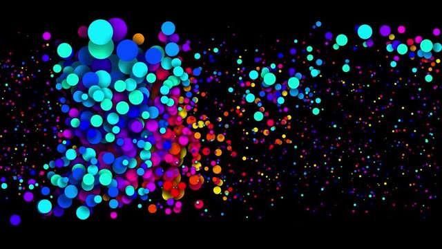 Particles increase and decrease. 4k looped seamless abstract background, beautiful multi-colored circles in flat style like paint bubbles or dye droplets in water. Luma matte as alpha channel.