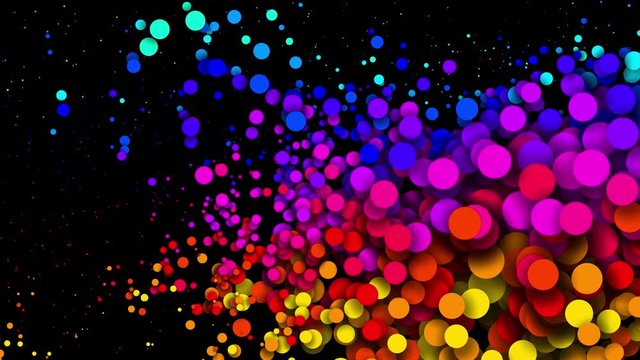 Particles increase and decrease. 4k looped seamless abstract background, beautiful multi-colored circles in flat style like paint bubbles or dye droplets in water. Luma matte as alpha channel.