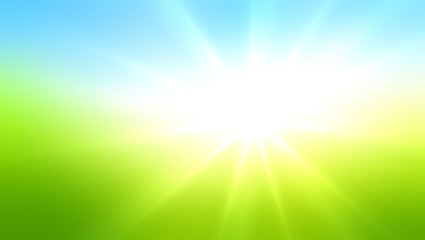 Sun shine on summer landscape banner. Empty background green field and blue sky. Blur nature template. Defocus abstract sunny day. Open air. 