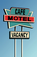 Creative concept travel vector illustration hotel hostel motel sign signboard on the road.