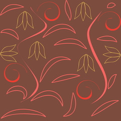 seamless pattern with leaves and flowers linocut style