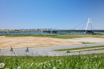 The scenery of Osaka Yodogawa, Japan in spring