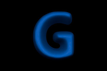 Glossy blue soft plastic alphabet - letter G isolated on black background, 3D illustration of symbols