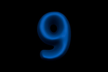 Shiny blue plastic alphabet - number 9 isolated on black background, 3D illustration of symbols