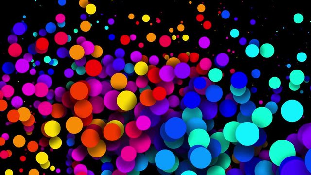 2d animation of particles increase and decrease. 4k looped seamless abstract background, beautiful multi-colored circles in flat style like paint or dye droplets in water. Luma matte as alpha channel.
