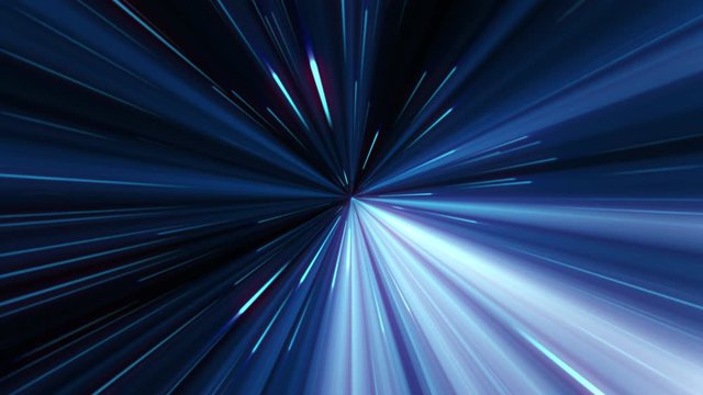 Abstract creative speed of light hyper jump into another galaxy background. 4K render Cosmic universe background, speed of light, fireworks, blue neon glow, stars, cosmos, infrared light, outer space
